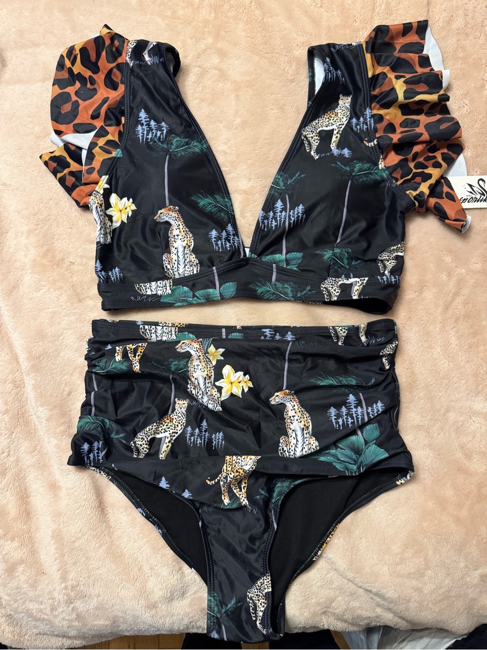 Women’s Black Leopard Print High-Waist Bikini Set with Ruffle Straps